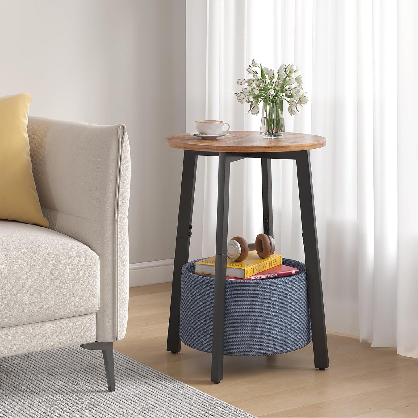 Small Round Side End Table with Storage Basket, Round Bedside Sofa Couch Coffee Tables for Small Places with Metal Frame, Modern Nighstands for Living Room Bedroom, Rustic Brown