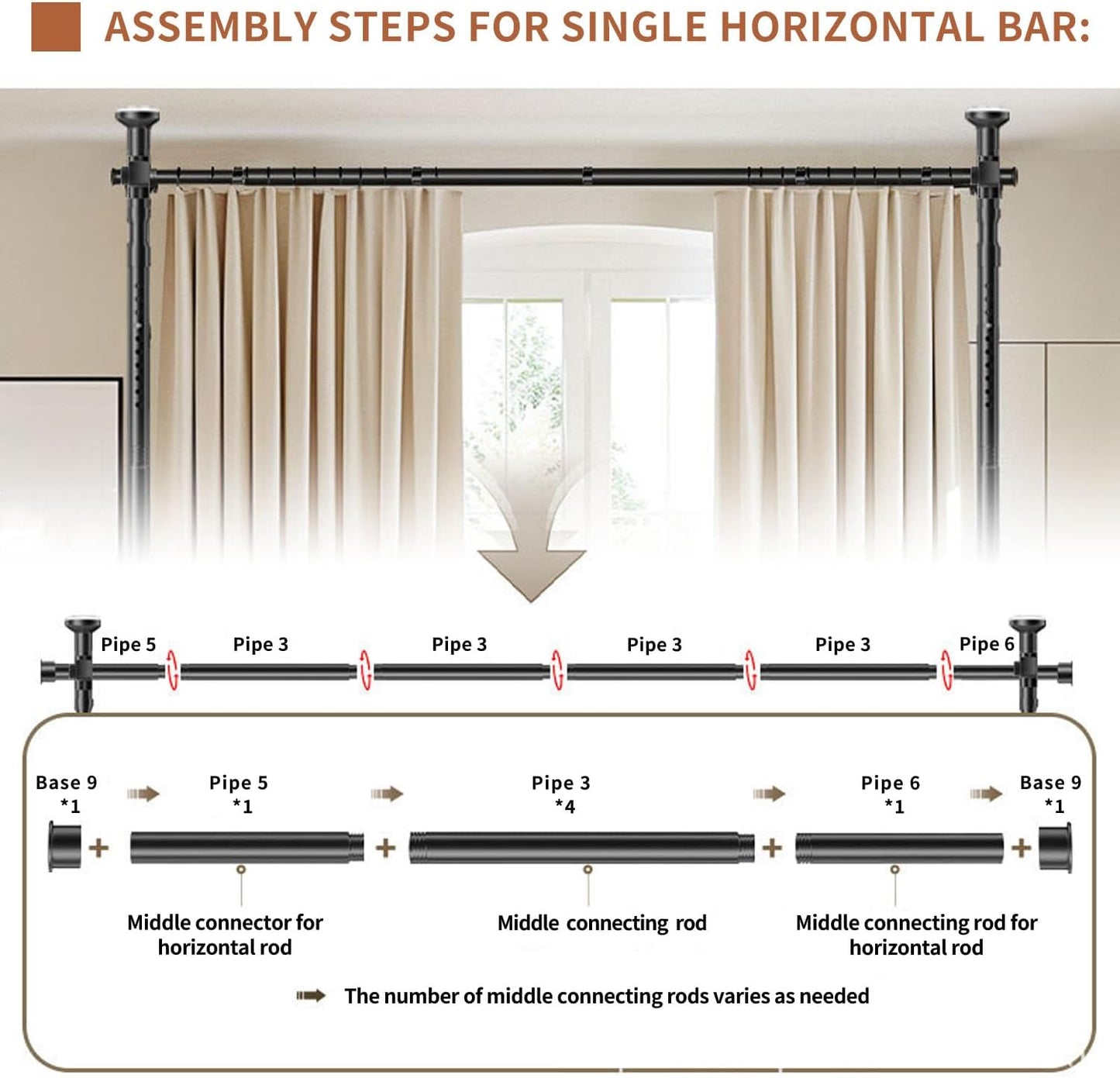 Room Divider Curtain Rod, No Drilling Adjustable Space Partition, Heavy Duty Floor to Ceiling Tension Rod, 4-10ft(H) 28-70inch(W), Temporary Wall Divider for Privacy, Black