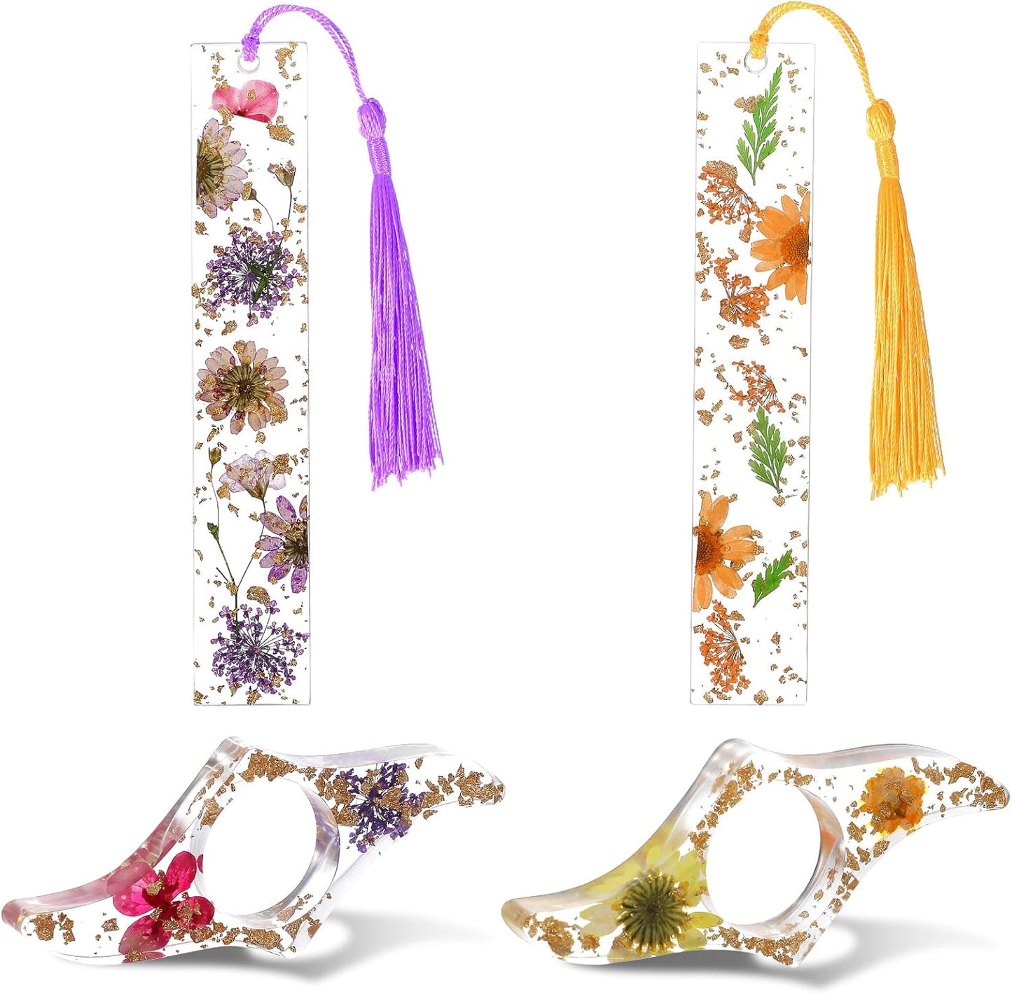 4 Pcs Book Page Holder, Dried Flower Thumb Book Page Holders for Reading, Transparent Floral Resin Bookmarks Holder with Tassels, Reading Accessories for Book Lovers Students Teachers