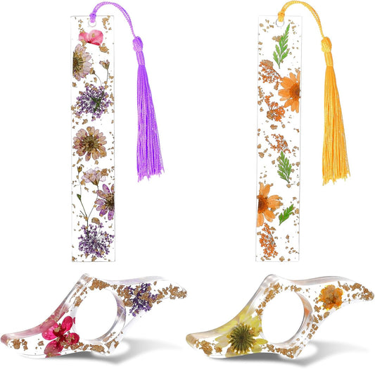 4 Pcs Book Page Holder, Dried Flower Thumb Book Page Holders for Reading, Transparent Floral Resin Bookmarks Holder with Tassels, Reading Accessories for Book Lovers Students Teachers