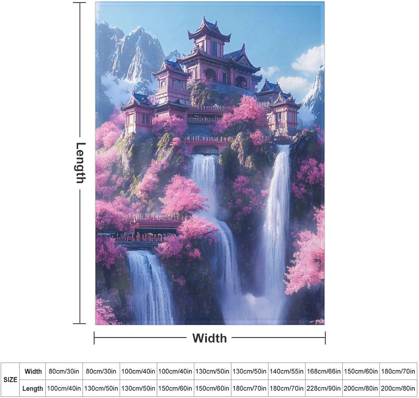 Japanese Building On Mountains Waterfall Throw Blanket for Couch Bed Plush Cozy Fuzzy Flannel Blanket for All Season 55"x70"