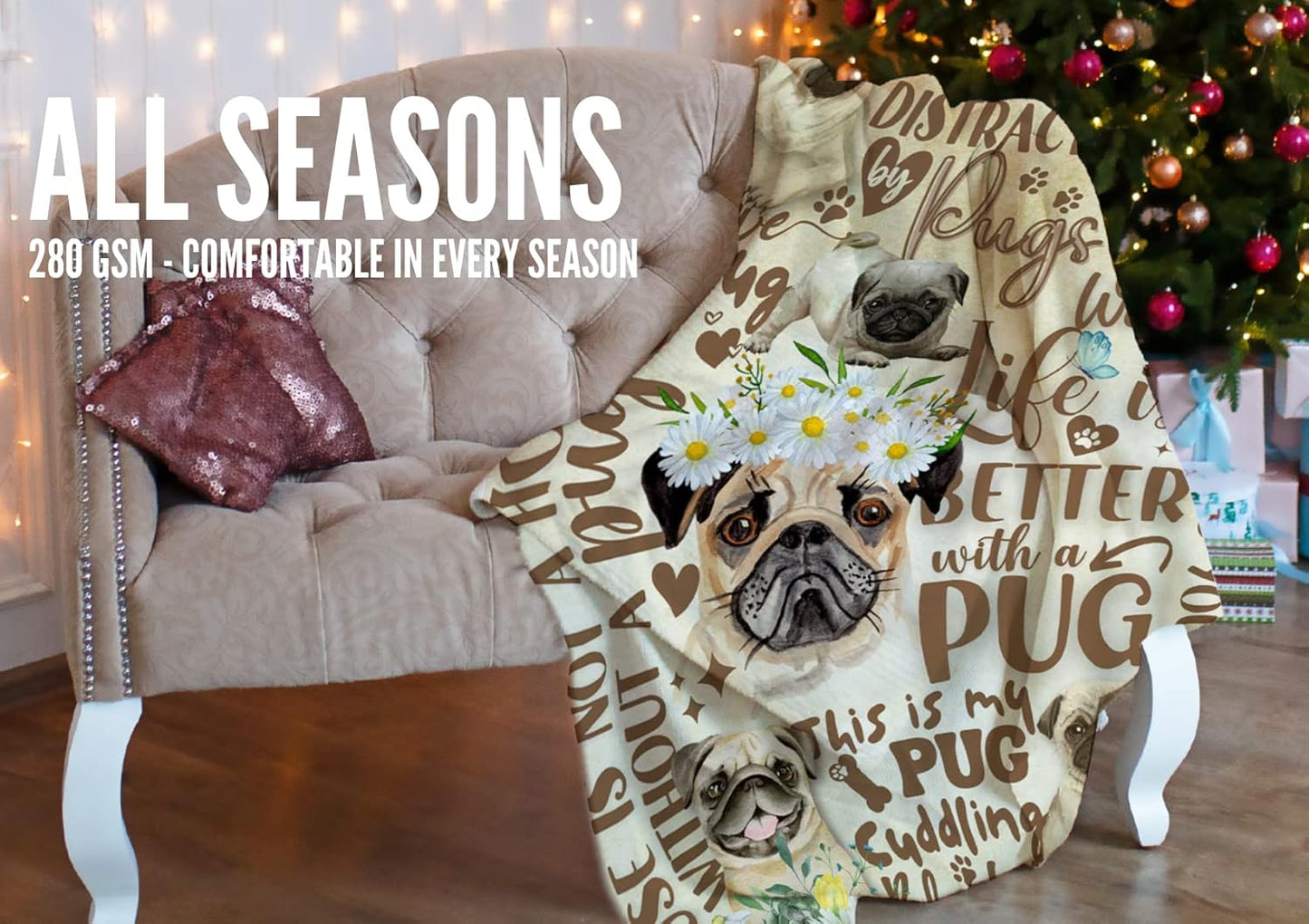 Pug Gifts for Pug Lovers, Soft Watercolor Flannel Throw Blanket for Dog Mom Dad Women Men, 50x65 Inches