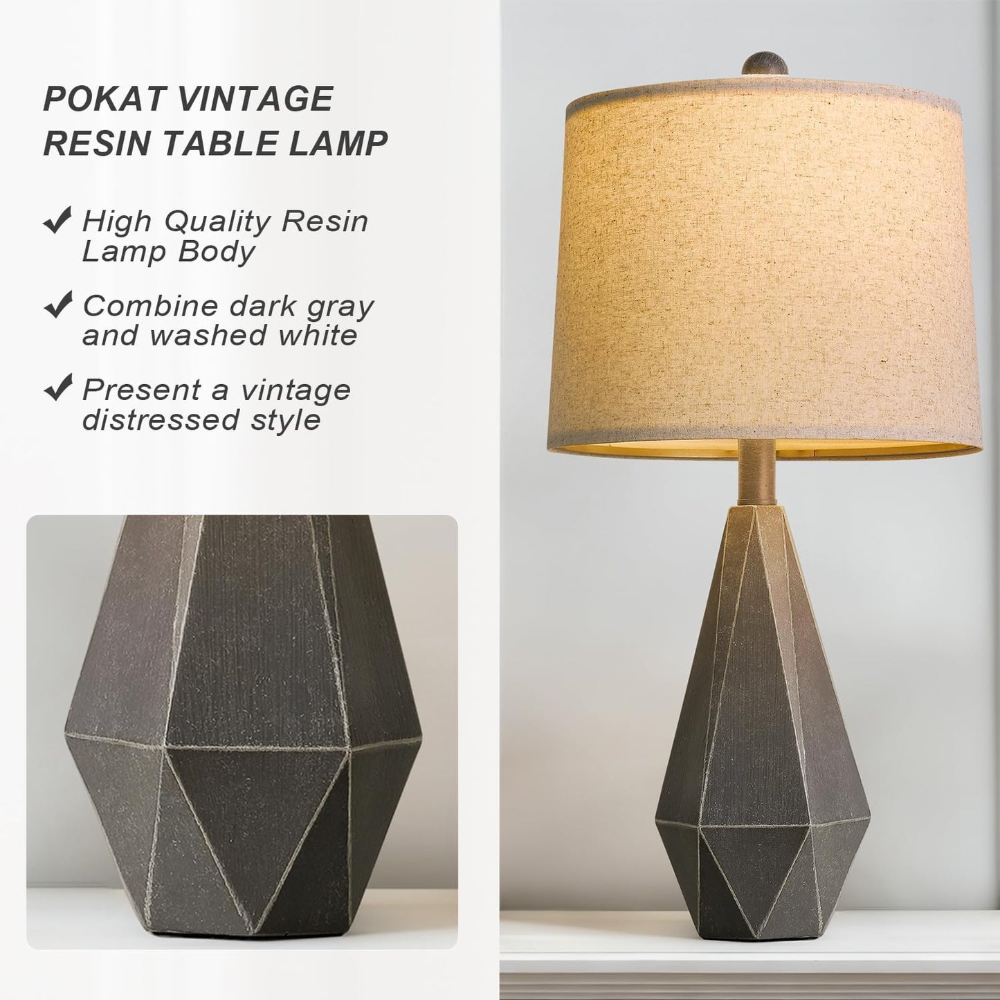 PoKat 23'' Table Lamps Set of 2 for Living Room Bedroom, Farmhouse Bedside Lamps, Resin Vintage Lamps for Night Stands, Office Sideboard Guest Room Hallway (Deep Gray)