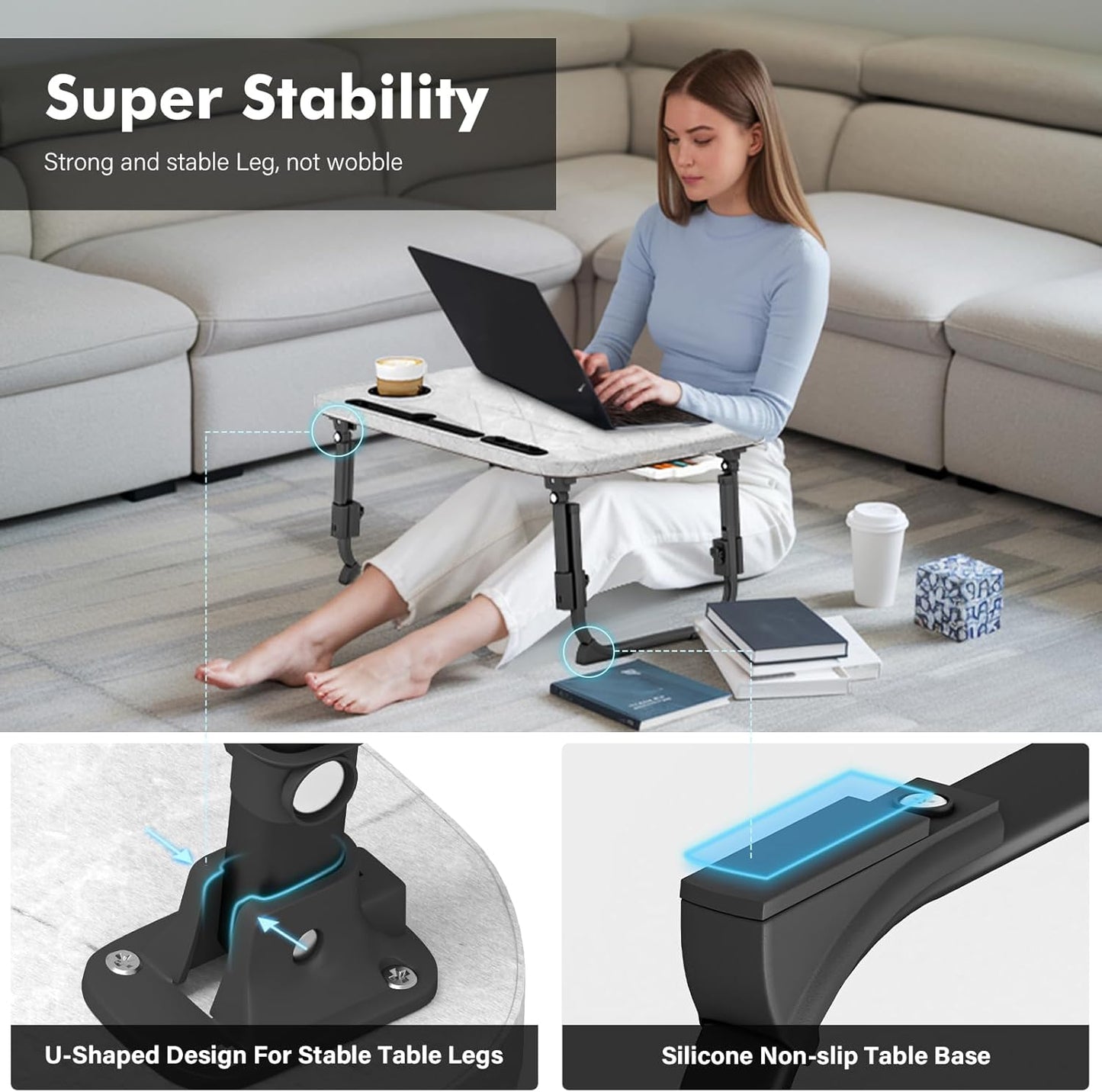 Lap Desk for Bed Adjustable Height, Foldable Bed Table with Storage Drawer, Tablet Slot & Cup Holder, Portable Laptop Stand for Bed & Sofa, Bed Desk for Adults & Kids, Light Stone Color