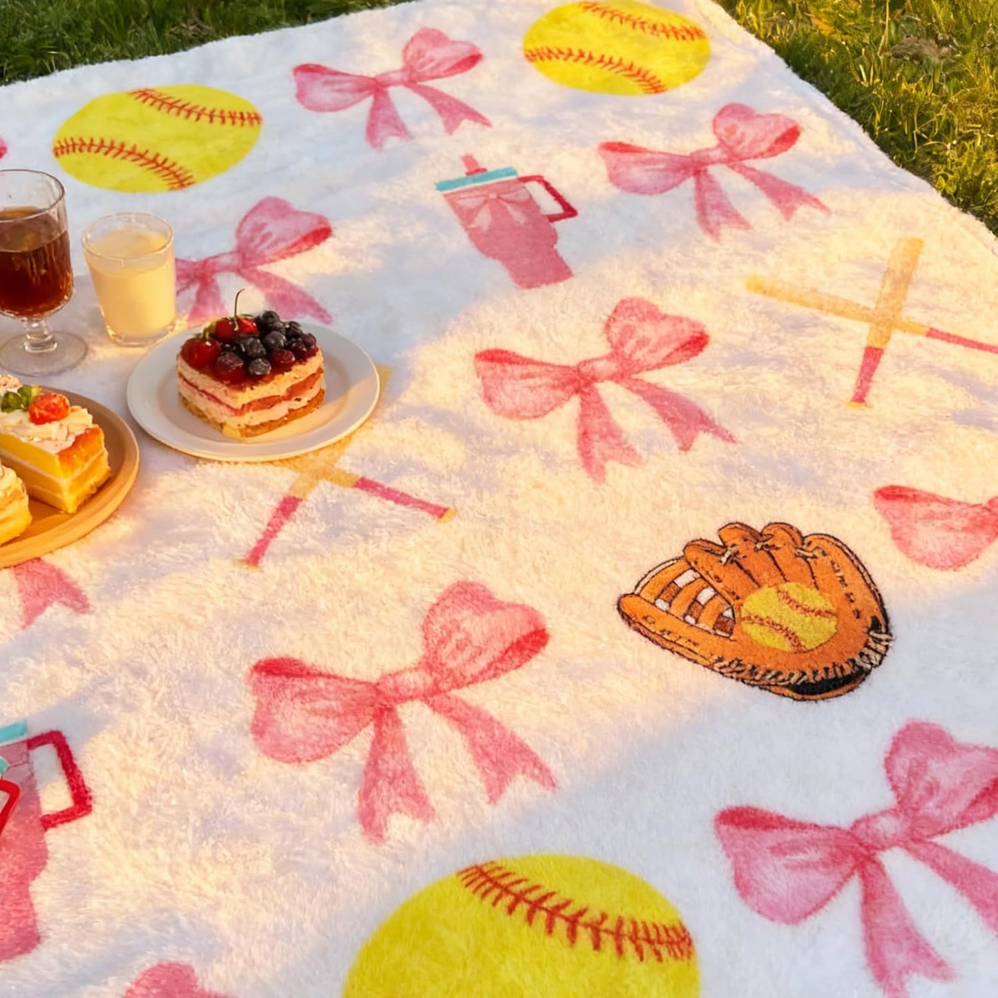 Pink Softball Bow Blanket 50x60 Inch Pink Coquette Bow Flannel Throw Blanket Team Gifts for Girls Women, Cozy Fleece Sports Blanket for Couch Bed Game Day Team Coach Senior Night