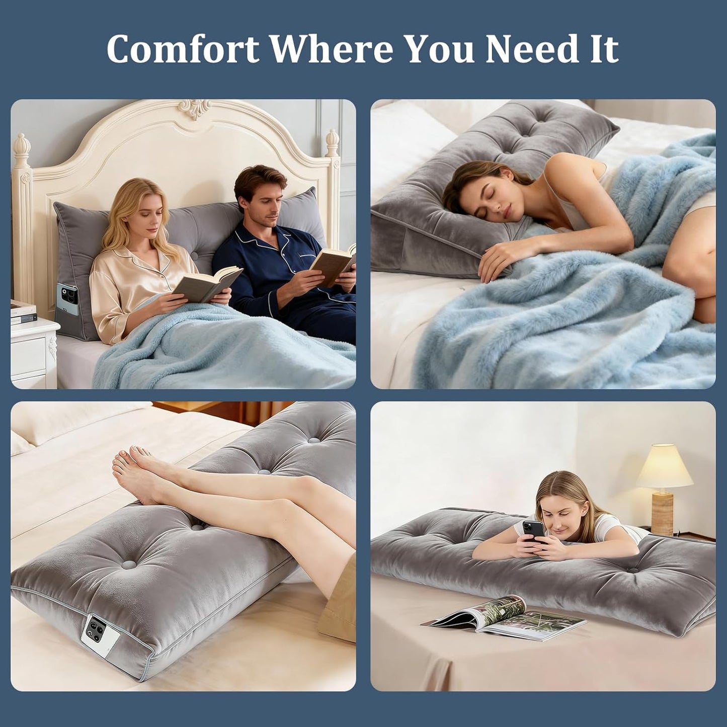 Headboard Pillow Queen, 59" Large Wedge Reading Pillow for Bed Sitting Up, Decorative Bolster Cushion Backrest for Sofa & Daybed, Soft Plush Cover with Side Pockets, Dark Grey