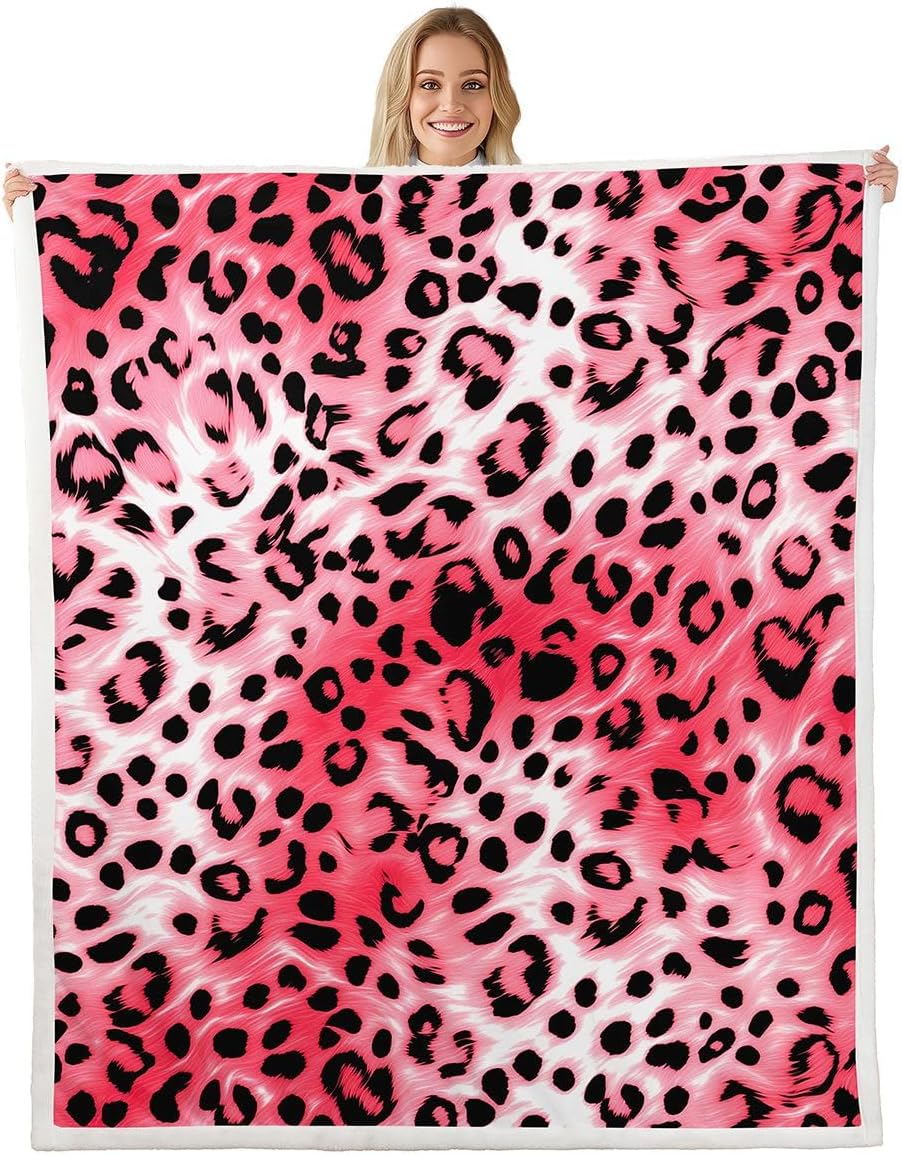 Feelyou Pink Leopard Sherpa Throw Blanket for Couch Animal Print Super Soft Cozy Fleece Cheetah Blanket for Winter, Plush Throw Modern Ombre Effects Throw 50"x60" Safari All Season