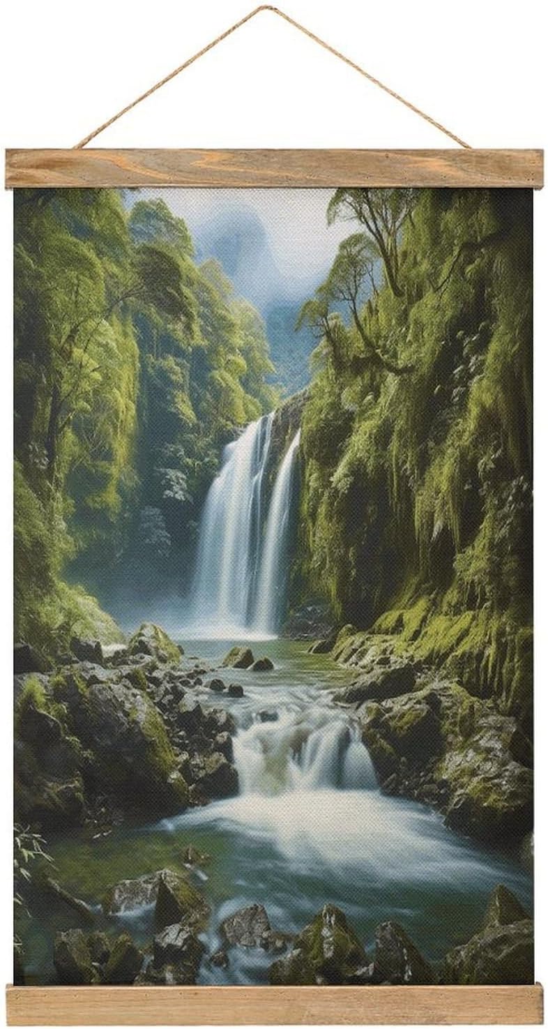 Vintage Waterfall Landscape Painting Poster with Wooden Frame Personalized Linen Hanging Scroll Painting Rustic Wall Hanging Illustrative Modern Artwork Decor for Home Living Room Bedroom Office