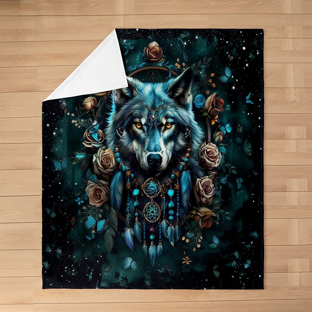 Feelyou Wolf Flannel Fleece Throw Blanket for Kids Boys Wolves Howling All Season Bed Blanket Twin 60"x80" Dreamcatcher Fuzzy Blanket for Sofa Couch Boho Dream Catcher Decor Plush Blanket, Teal
