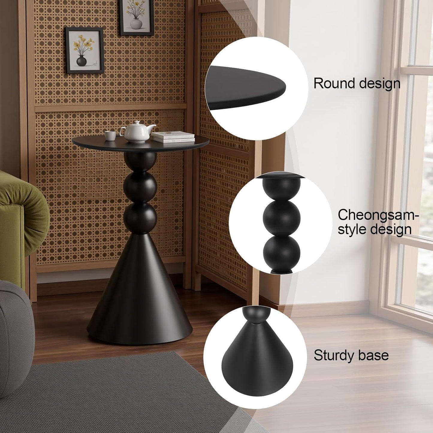 Metal Round Martini Table,Vintage Drum Side End Table,Modern Nightstand Accent Pedestal Tables Coffee Tables for Small Space Living Room, Bedroom,Black