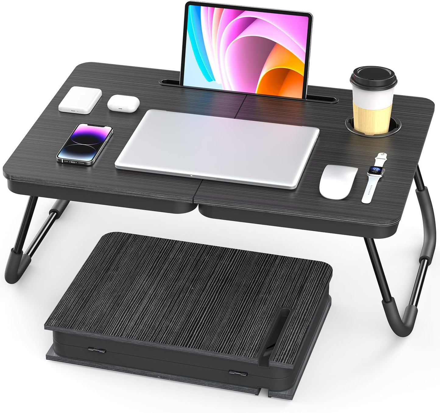BUYIFY Portable Foldable Laptop Desk for Bed and Couch, Adjustable Lap Desk with Cup Holder and Phone Holder, Ideal for Working, Reading, Writing, and Breakfast,USA Original Patent-black003