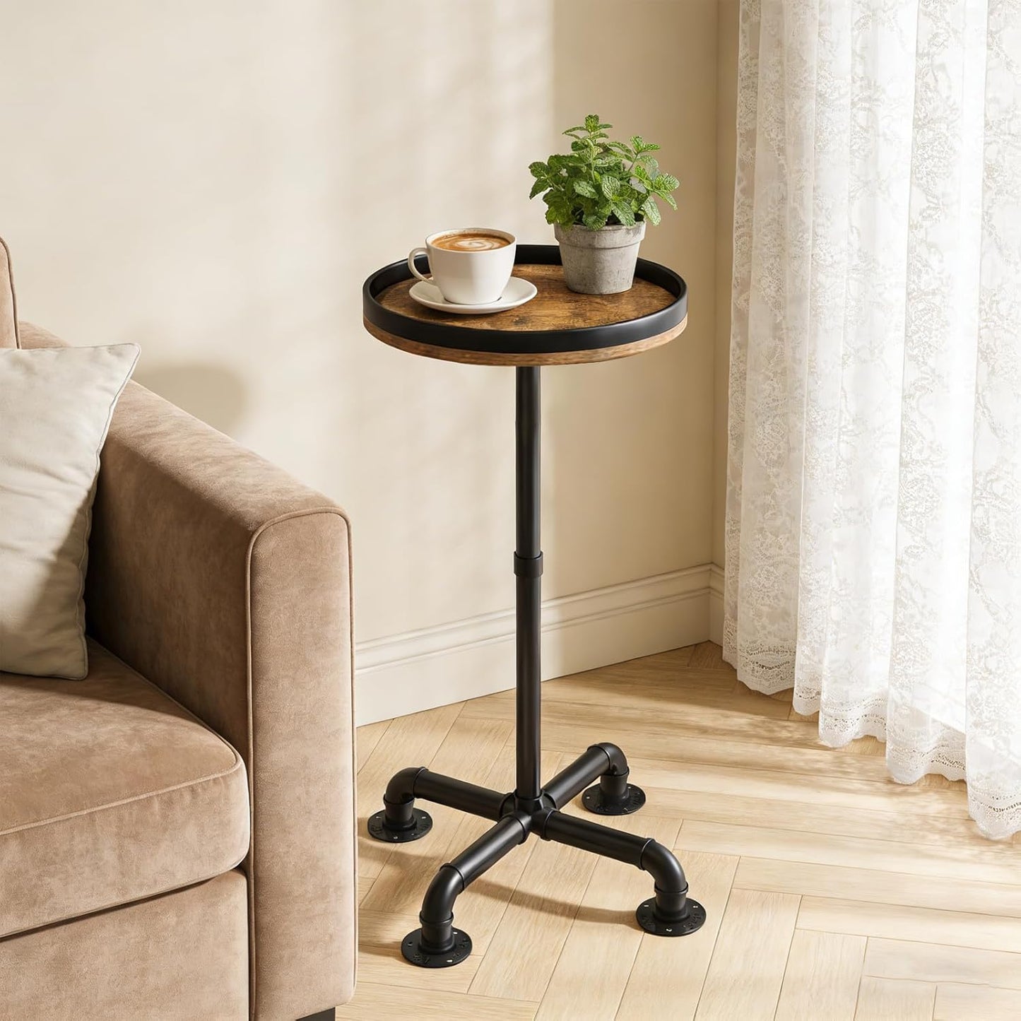 Small Round Side Table for Small Spaces, Pedestal Drink Table with Non-Slip Feet, Martini Table No-Tool Assembly for Living Room, Bedroom, Narrow Corners, Sofa, Bathroom