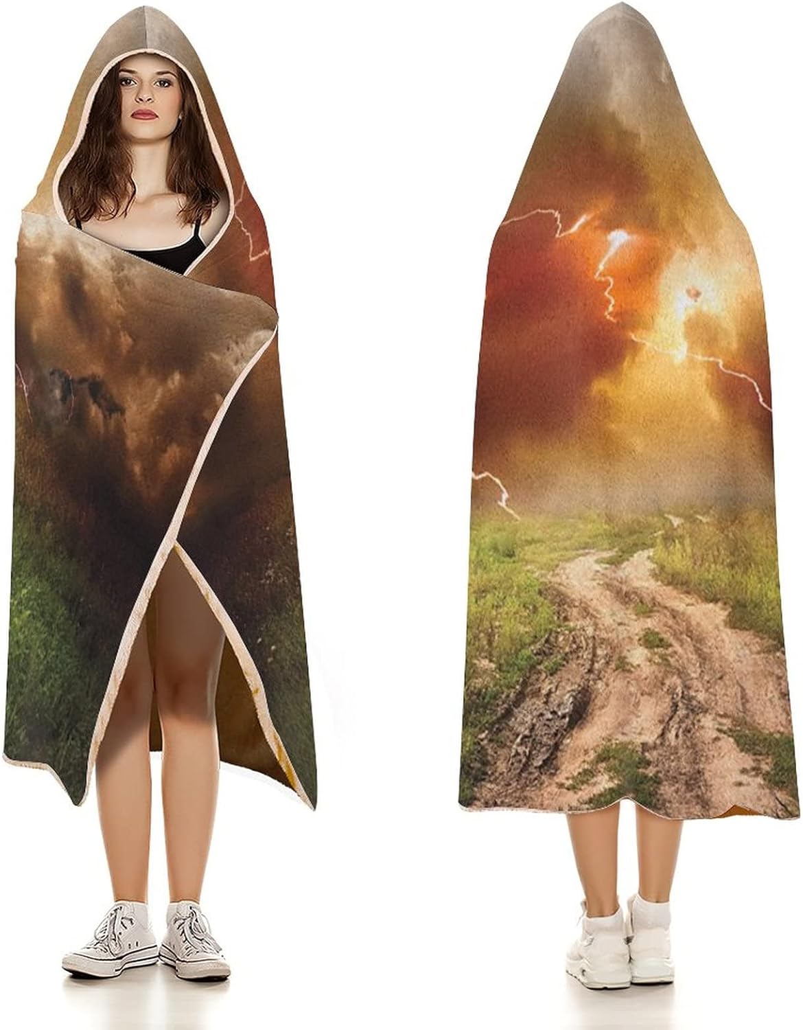 Throw Blankets, Nature Women Men Hooded Blanket, Dazzling Big Rain Cloud Over Earth Path Road, Soft Warm Cozy, 60 x 80inches, Studying Reading Snuggling Napping Office, Multicolor