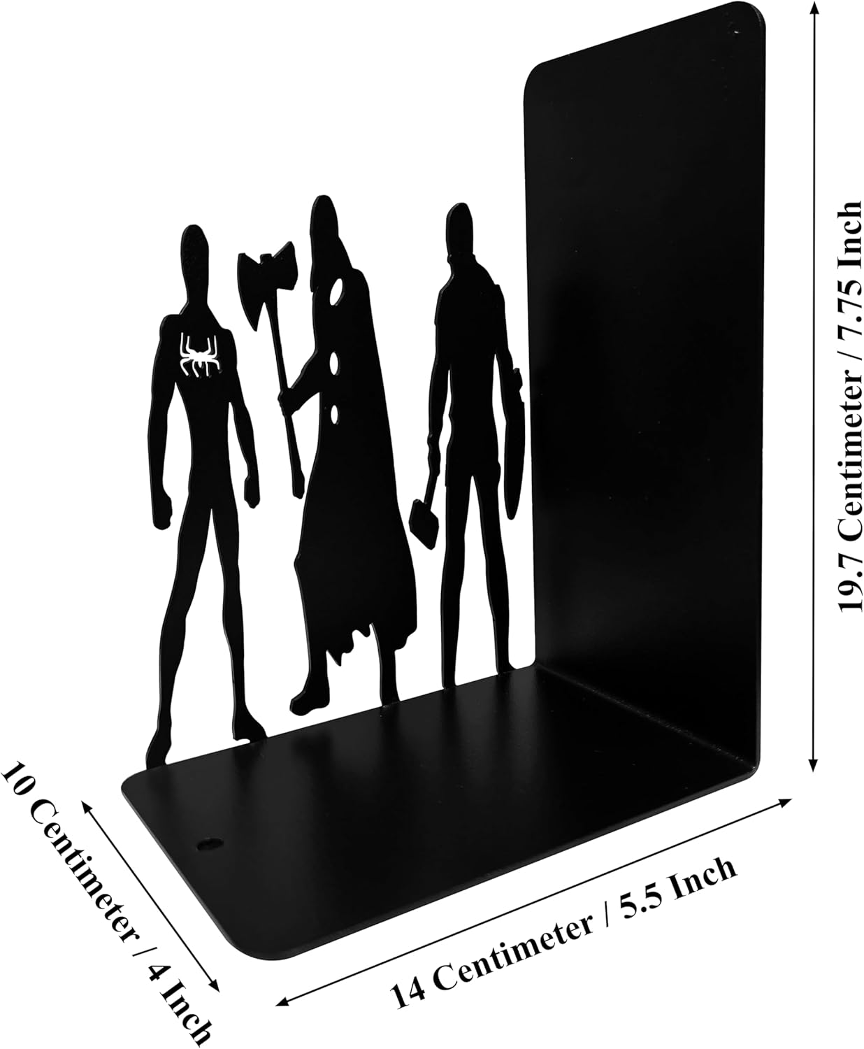 Superhero Metal Bookends, 8 inch Height, 11 inch Width, 4 inch Depth, Black Powder Coated, 3 lbs, Decorative Bookends for Shelves