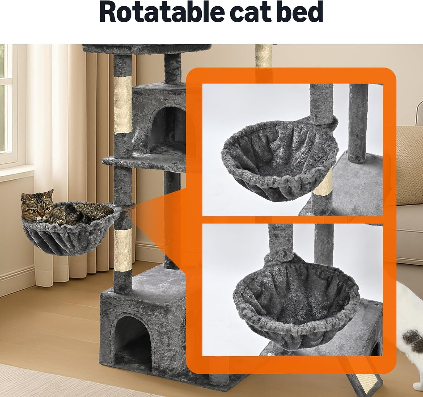 Amazon Basics Large Cat Tree Tower, Multi-Level Activity Center with 2 Large Condos, Multiple Sisal Scratching Posts and Hanging Pompoms, Gray, 68 Inches