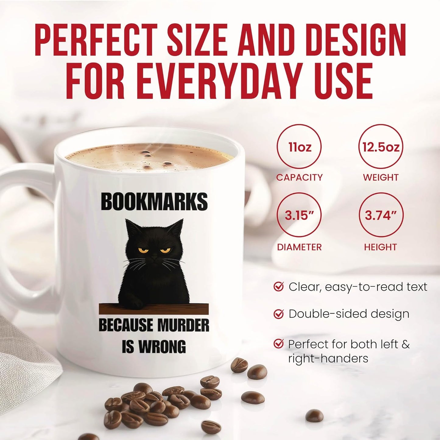 Bookmarks Because Murder Is Wrong Mug - Reading Enthusiast Coffee Cup - Bookworm Funny Gift From - Literature Lover Tea Mugs - Page Turner Cups - 11 Oz Ceramic Gifts For Bibliophiles, Birthday, Him