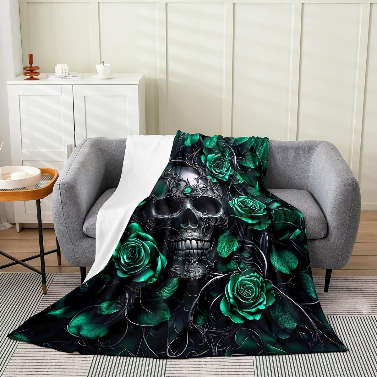 Erosebridal Sugar Skull Blanket Throw 50x60,Mint Green Rose Floral Throw Blanket for Kids Boys Girls Teens Adults,Gothic Skeleton Fleece Blanket,Exothic Hippie Horror Flannel Blanket,All Season