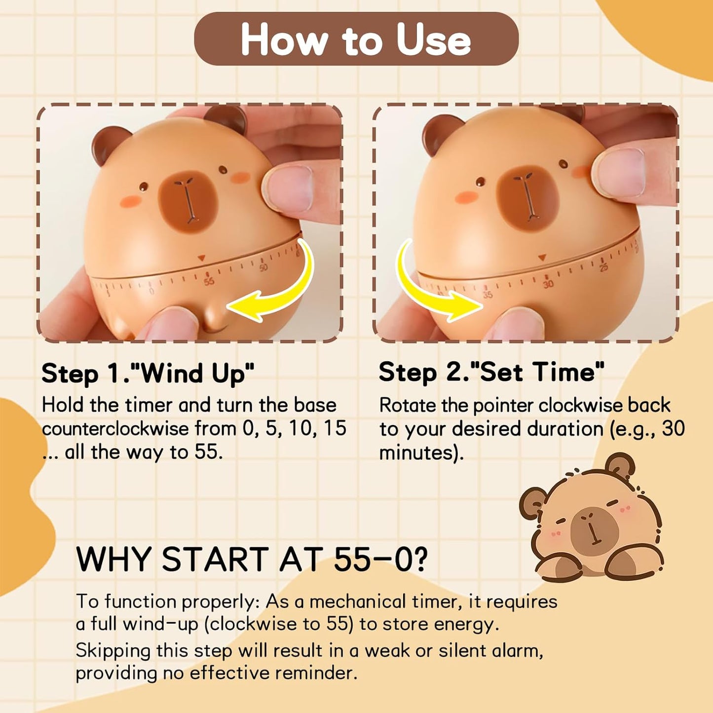 Kitchen Timer - Cute Animal Wind Up 55 Minutes Manual Countdown Timer for Kids, Classroom, Home, Study and Cooking (Capybara)