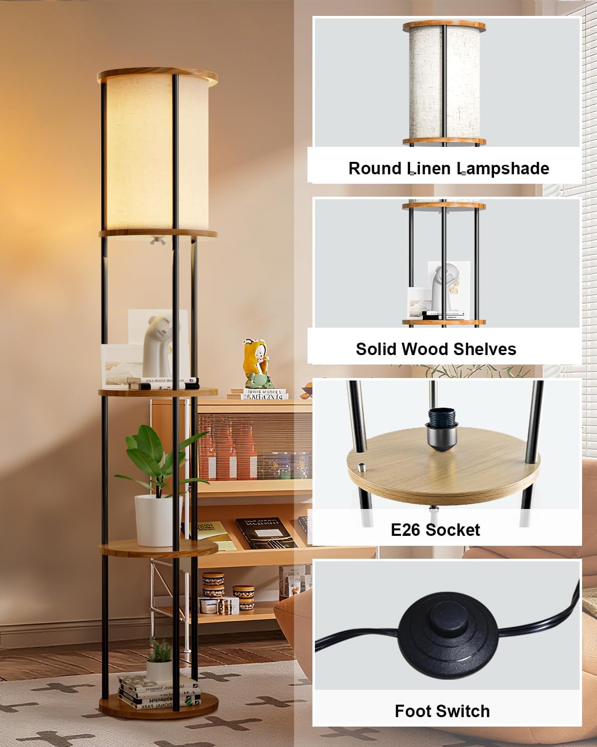 61" Floor Lamp with Shelves, Modern Black Floor Lamp with Fabric Lampshade and 3- Tier Storage Table Attached, 35lb Capacity Solid Wood, Corner Bookshelf Lamps for Living Room, Bedroom, Office