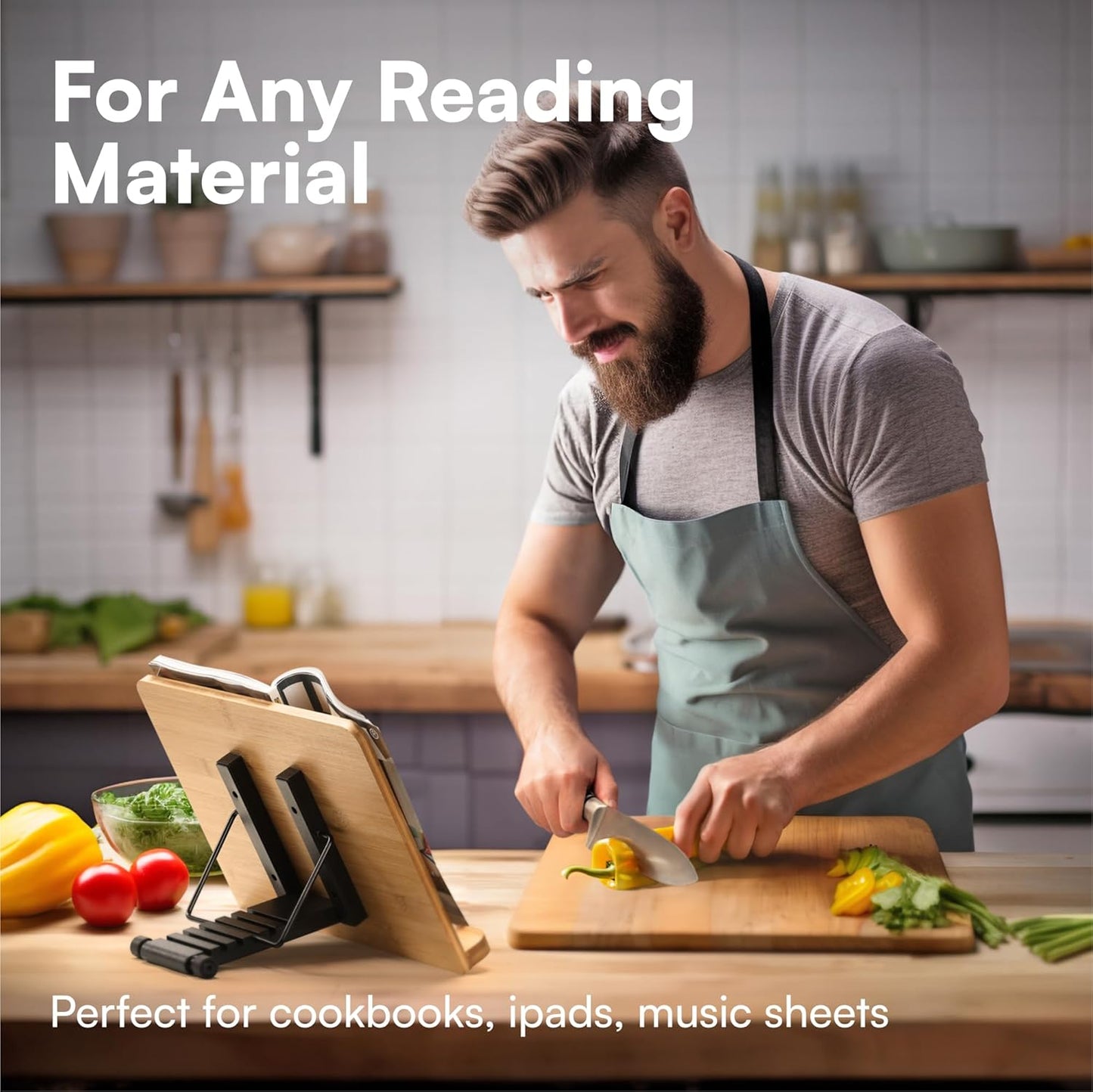 H&S Bamboo Recipe Book Holder - Foldable & Portable Cookbook Stand for Desk - Adjustable Holder for Reading in Bed or Kitchen - Cook Book Stand for Kitchen Counter
