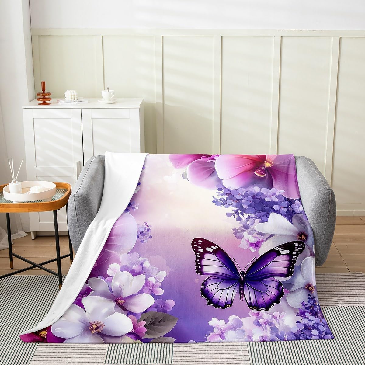 Erosebridal Butterfly Blanket Queen Inch Florals Throw Blanket for Women Girls Farmhouse Natural Plants Bedroom Decor Rustic Animal Fleece Blanket Romantic Purple Spring Flowers Sherpa Blanket