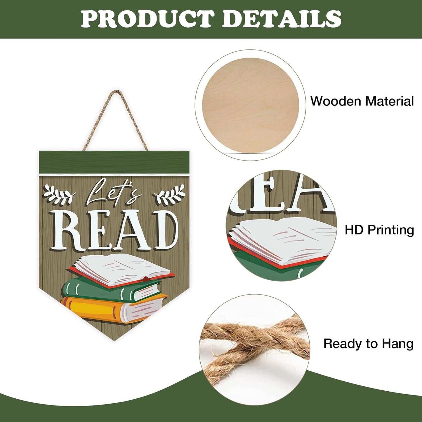 Reading Corner Let's Read Books Front Door Sign, Retro Inspirational School Classroom Library Wood Plaque Hanger, Farmhouse Wooden Wreath Indoor Wall Hanging Home Decor Book Lover Gift