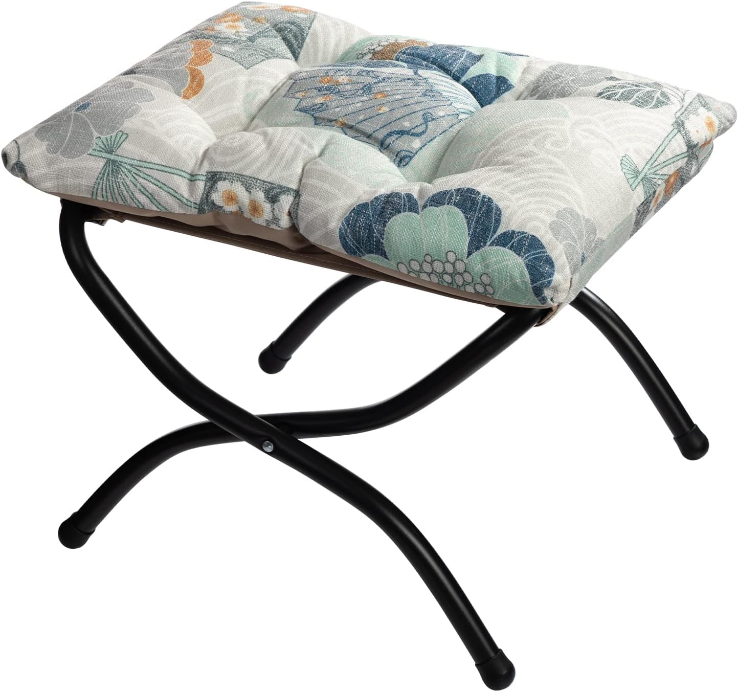 HollyHOME 15"(H) Folding Footrest Stool, Upholstered Small Foldable Ottoman, Accent Padded Sofa Foot Stool for Lazy Chair, Metal Frame Portable Foot Rest Ottoman for Living Room, Bedroom, Fan Print