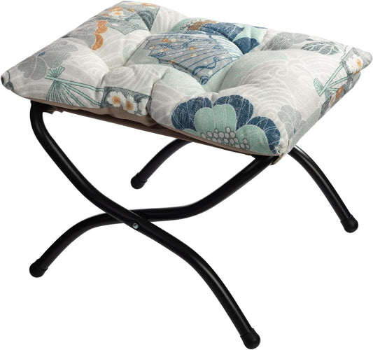 HollyHOME 15"(H) Folding Footrest Stool, Upholstered Small Foldable Ottoman, Accent Padded Sofa Foot Stool for Lazy Chair, Metal Frame Portable Foot Rest Ottoman for Living Room, Bedroom, Fan Print