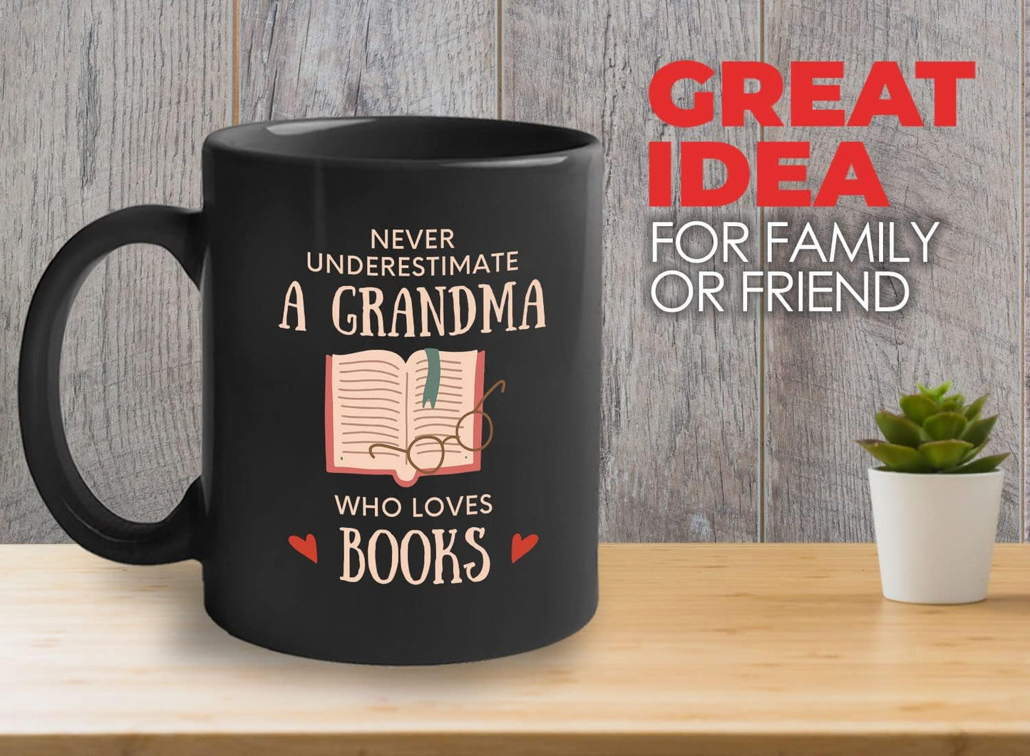 Bubble Hugs Book Lover Coffee Mug 11oz Black - Never Underestimate Grandma - Reading Reader Old Lady Book Lover Bookish Novelist Librarian Writer