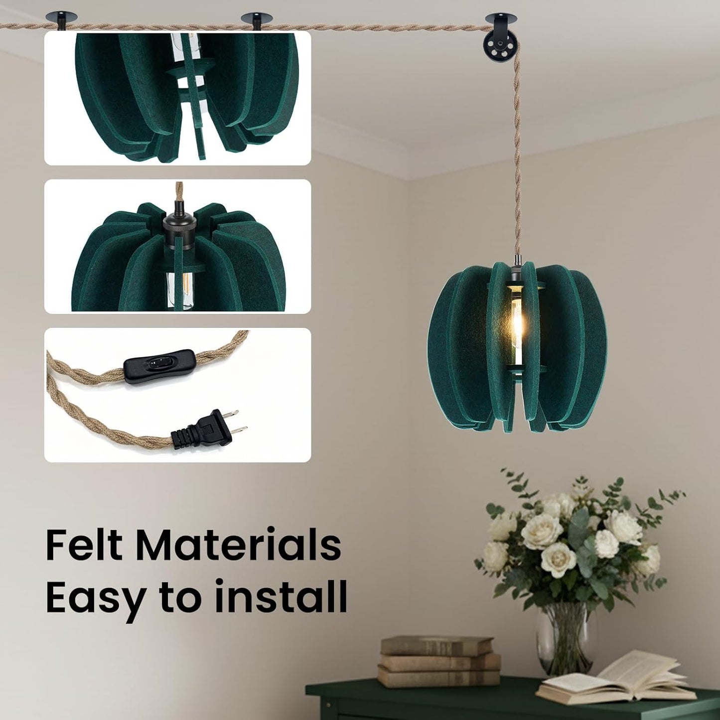 Pendant Light with Felt Lampshade, Modern Hanging Lamp Fixture, DIY Acoustic Plug-in Pendant Light for Kitchen Island, Living Room, Dining Room, Bedroom, Office (D11.8"x10.2")