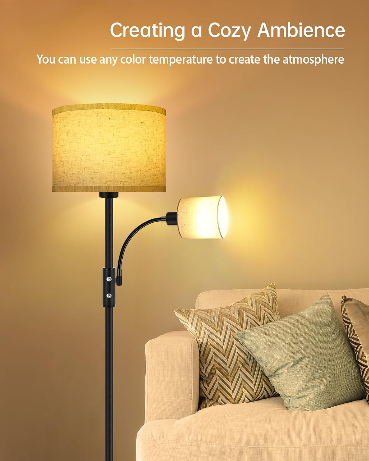 Floor Lamps for Living Room, Modern Floor Lamp with Reading Lamp, 62" Tall Standing Lamp, Beige Lampshades, Simple Pole Lamps for Bedroom/Office/Kids Room/Den(Bulbs Not Including, E26/E12 Base)