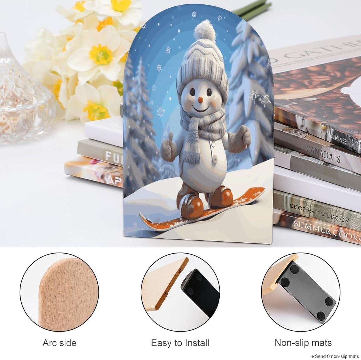 Non-Slip Bookend for Shelves Cute Snowboard Snowman Wooden Bookends with Metal Base Decorative Book Stopper for Home Heavy Duty Wood Book Storage for Books/CDs