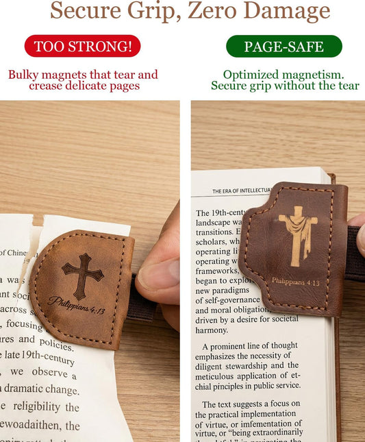 3-Pack Magnetic Leather Bookmarks with Integrated Pen Holder - Thin Page Markers for Bible Study, Laser Engraved Religious Christian Gifts for Women & Men, Page-Safe Magnets (Bible Verses)