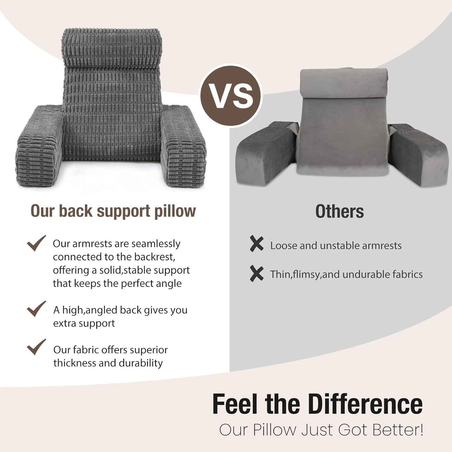19" Reading Pillow for Bed with Built-in Arms & Large Pockets, Supportive Backrest Cushion for Reading, Resting, or Reclining, Washable Cover – Grey