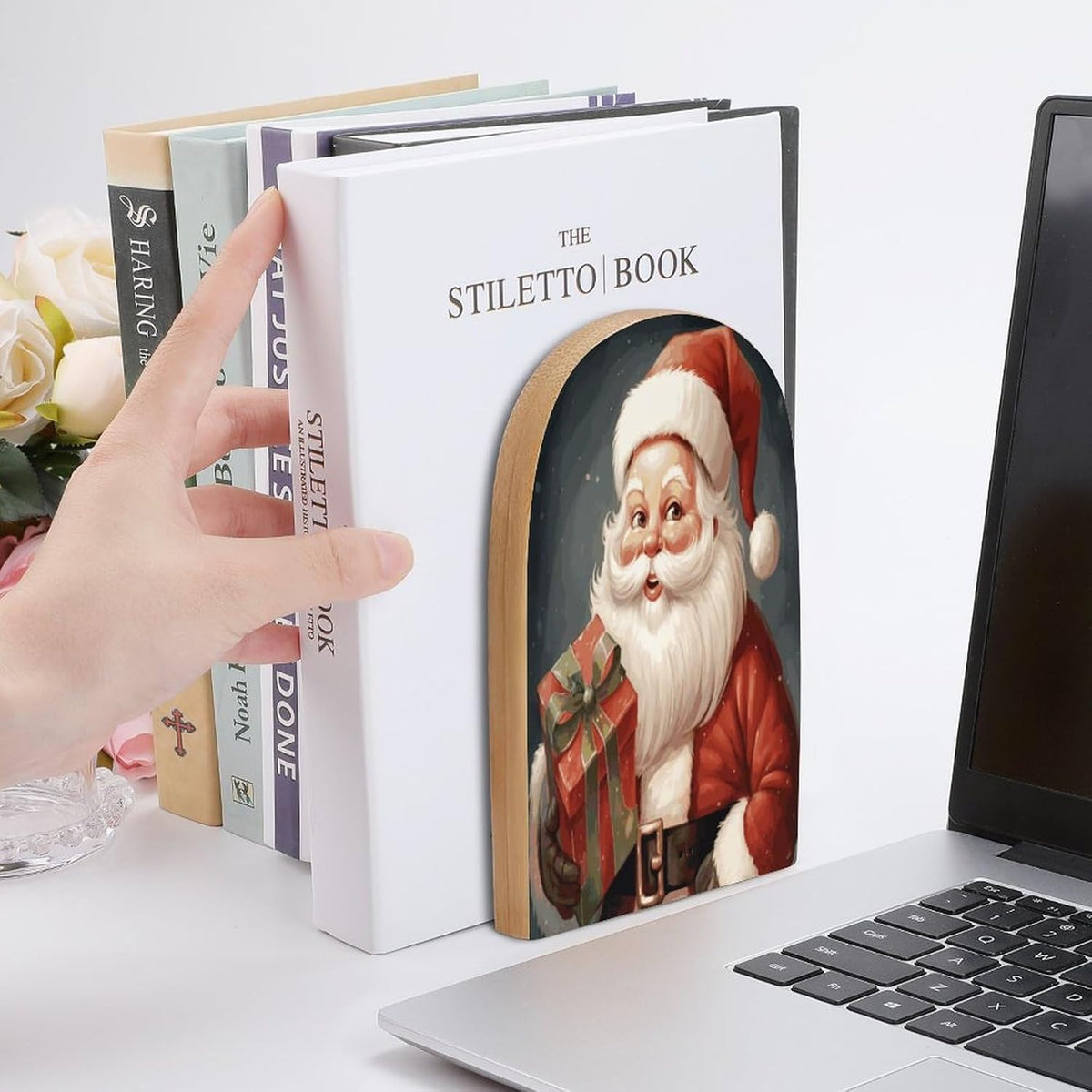 Santa Claus with Box Wooden Bookend Non-Slip Book Ends Heavy Duty Book Stopper with Metal Base Books Holderd Decorative Bookends Stands Firmly for Office Supplies