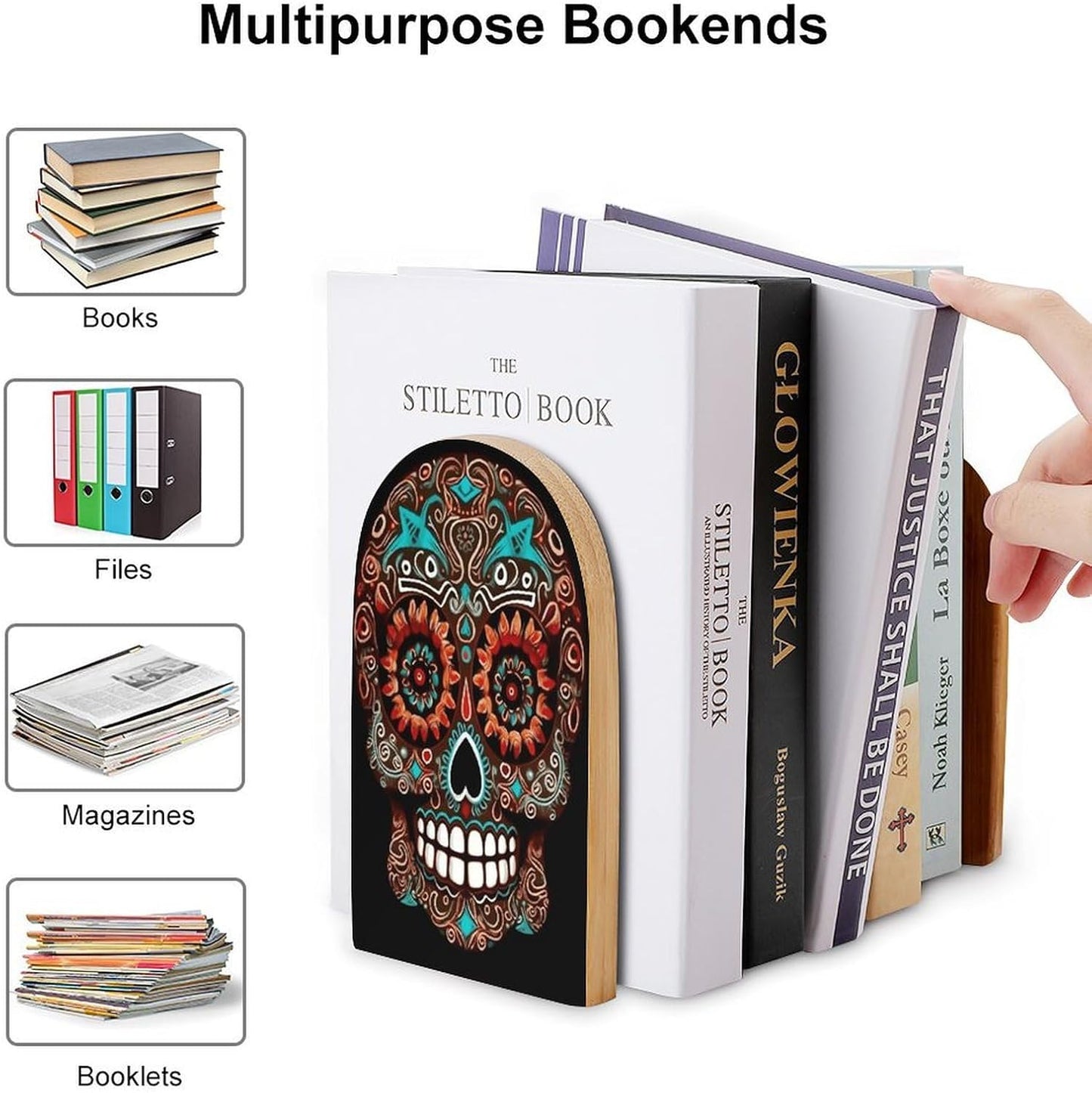 Sugar Skulls Day of The Dead Bookend for Shelves Wooden Book End Large Size Sturdy Book Holders Stoppers with Metal Base for Bookshelves Slick Decorative Bookends Stands