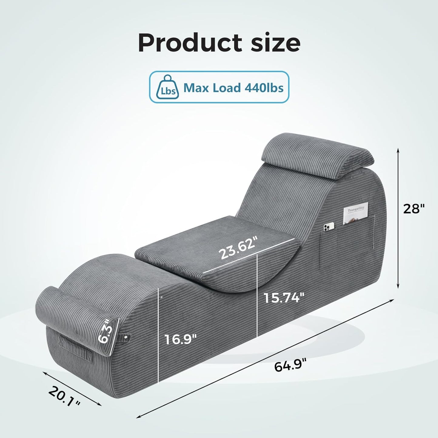 Yoga Chairs for Adults, Ergonomic Chaise Lounge Chair Indoor with Side Pocket, Lumbar Pillow, Ottoman, Yoga Chair Perfect for Stretching, Relaxation, Exercise, Used in Bedroom, Living Room（Dark Gray）