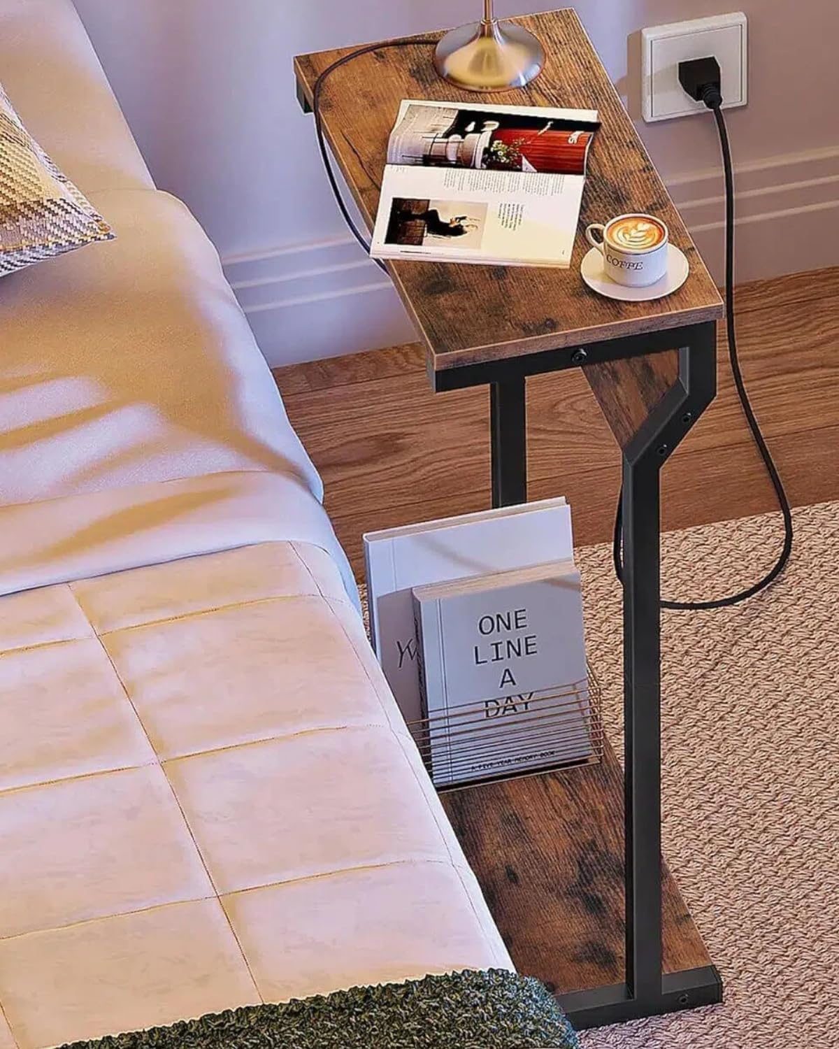 Narrow Side Table with Charging Station, 27" Skinny End Table for Small Spaces, Couch Table with Storage, Slim Tray Table with USB Ports, for Living Room, Bedroom, Rustic Brown TBZ27UBF