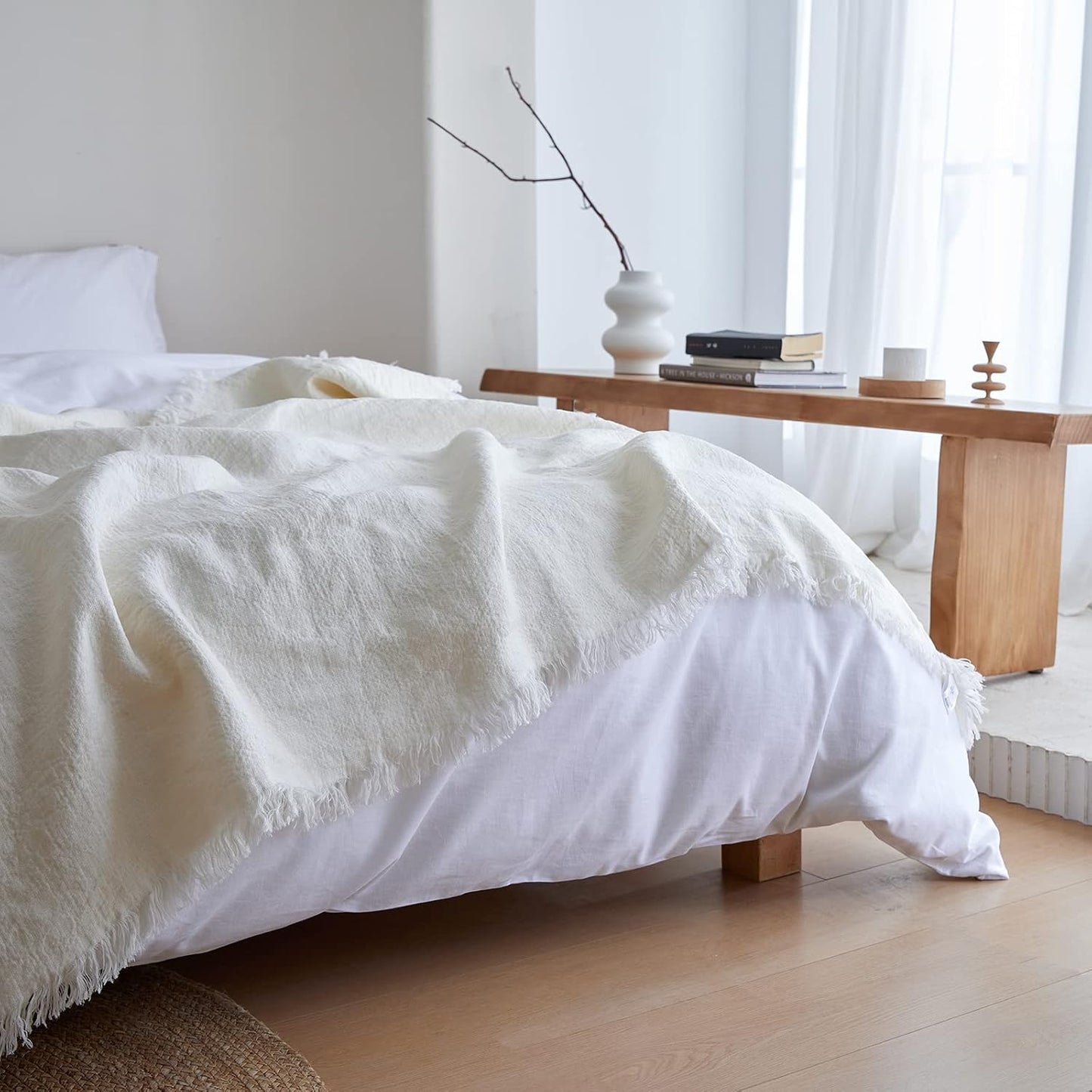 100% Linen Throw Blanket with Fringe for Couch/Bed/Sofa/Gift, Natural Washed Flax Solid Color Soft Breathable Cozy Farmhouse Boho Home Décor - White, 55"x75"