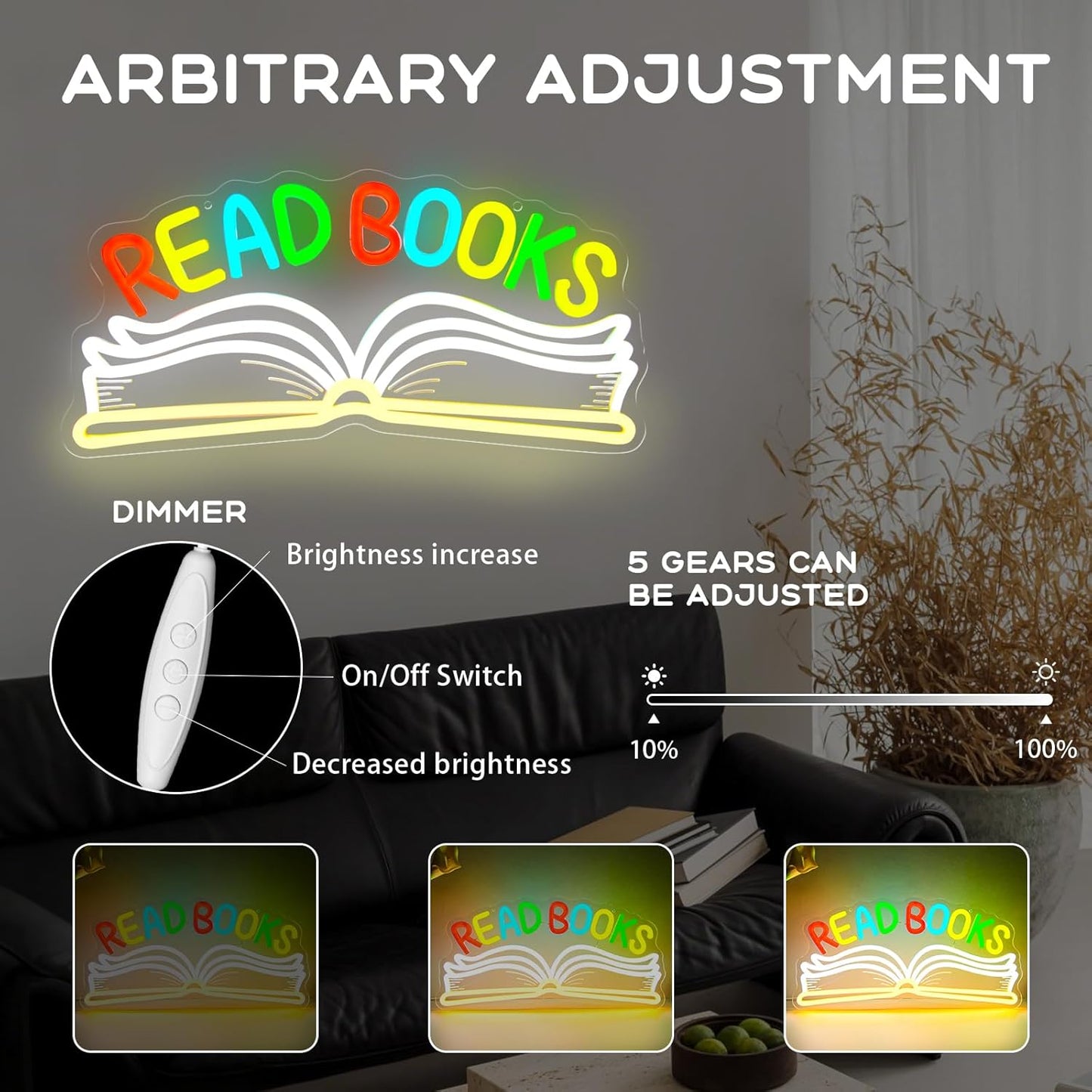 Read Books Neon Sign for Wall Decor, LED Dimmable Reading Book Neon Light Sign for Art Positive Bedroom Study Kids Room Library Classroom Reading Corner Decoration
