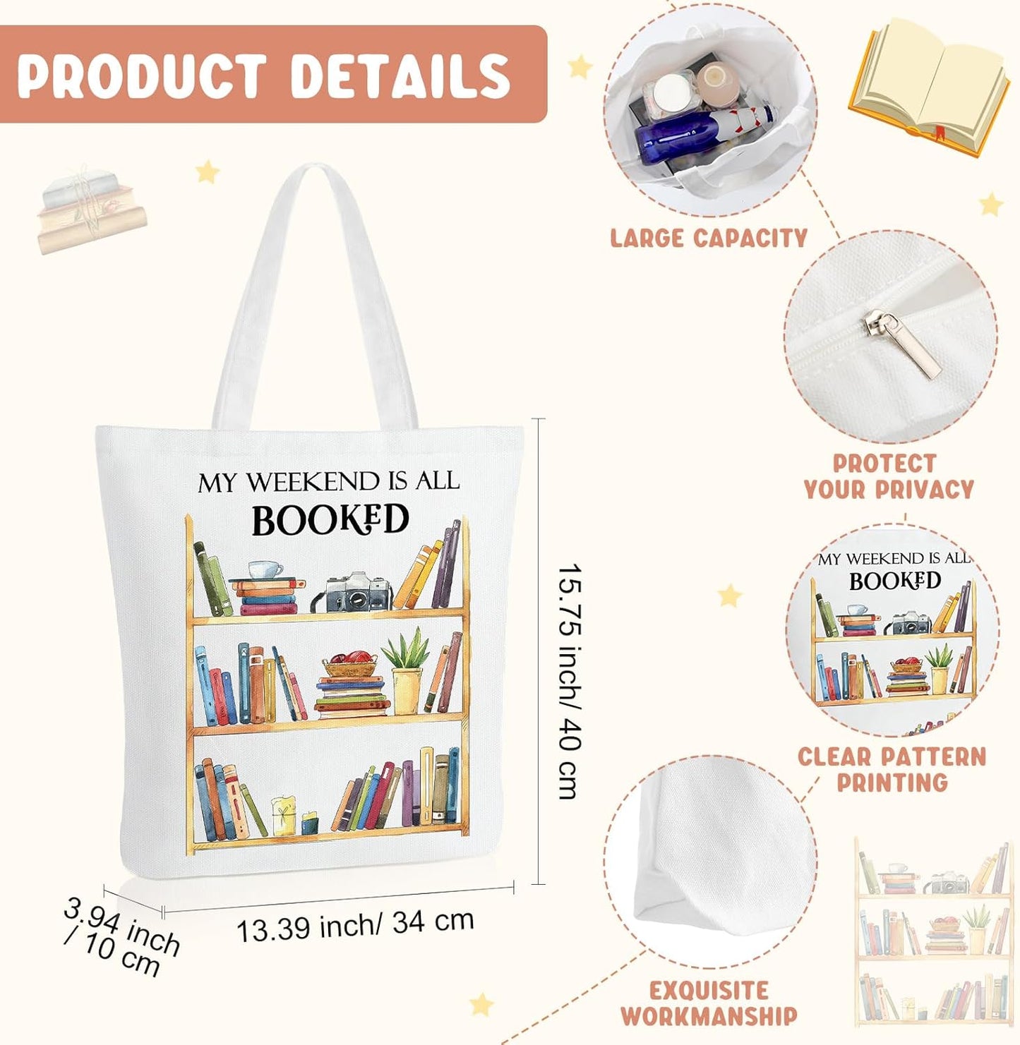 Sweetude 4 Pcs Book Lovers Gifts Sets Include Book Tote Bag, Bookworm Bracelet with Wish Card, Canvas Makeup Bag, and Bookish Keychain for Women Readers Books Lover Gifts