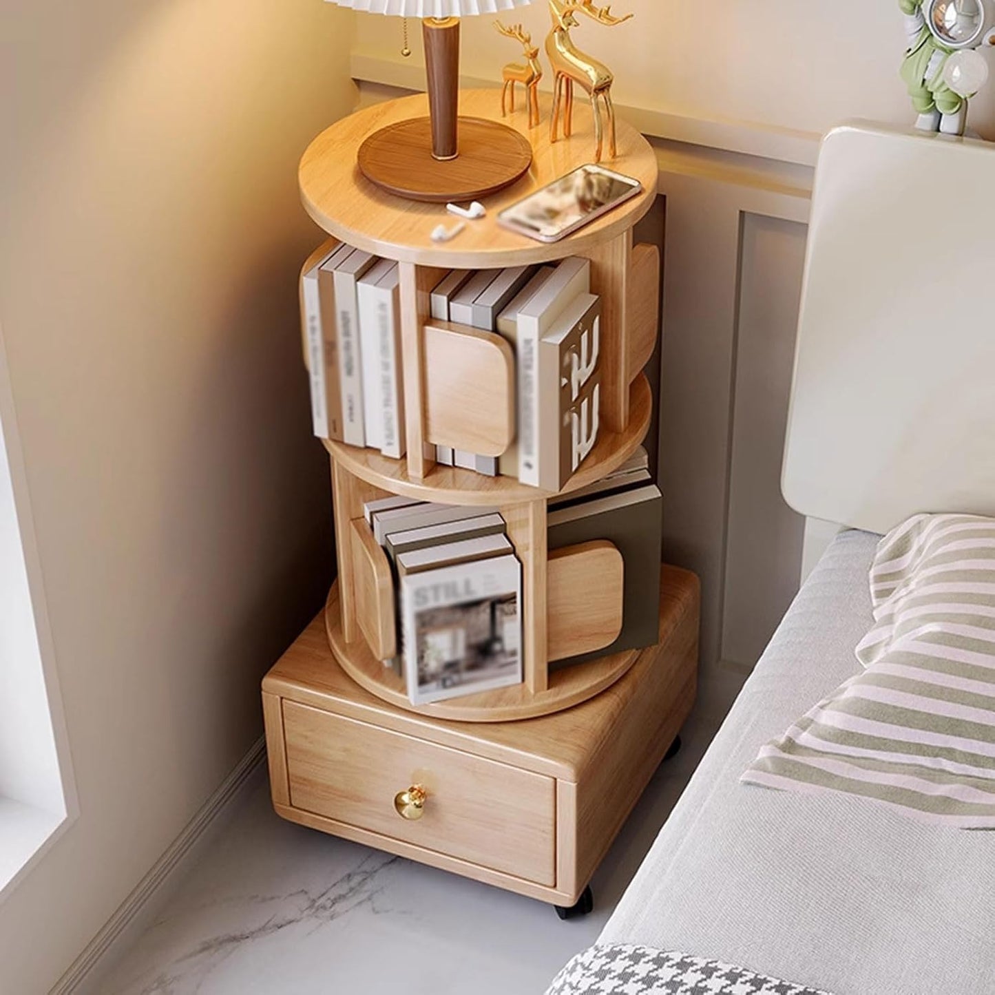 Bedside End Table with Storage & Wheels Movable, Rotating Bookshelf 360 Display 2 Tier, Rustic Side Table Bookcase Storage Rack for Living Room Bedroom