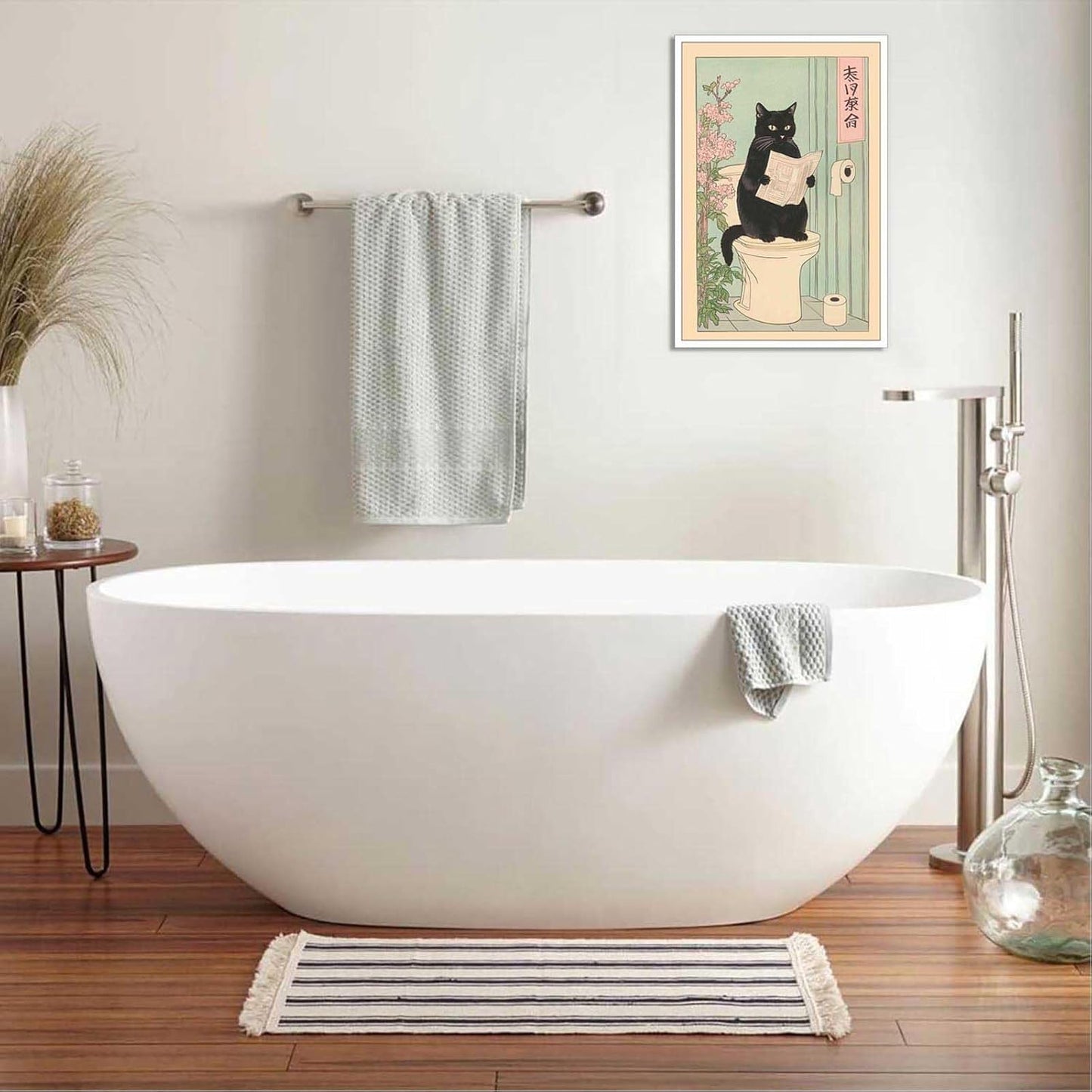 Japanese Black Cat Reading Newspaper Canvas Wall Animal Sitting On The Toilet Poster Aesthetic Minimalism Prints Painting For Bathroom Home Bedroom Dorm Wall Decor 12x16in Unframed