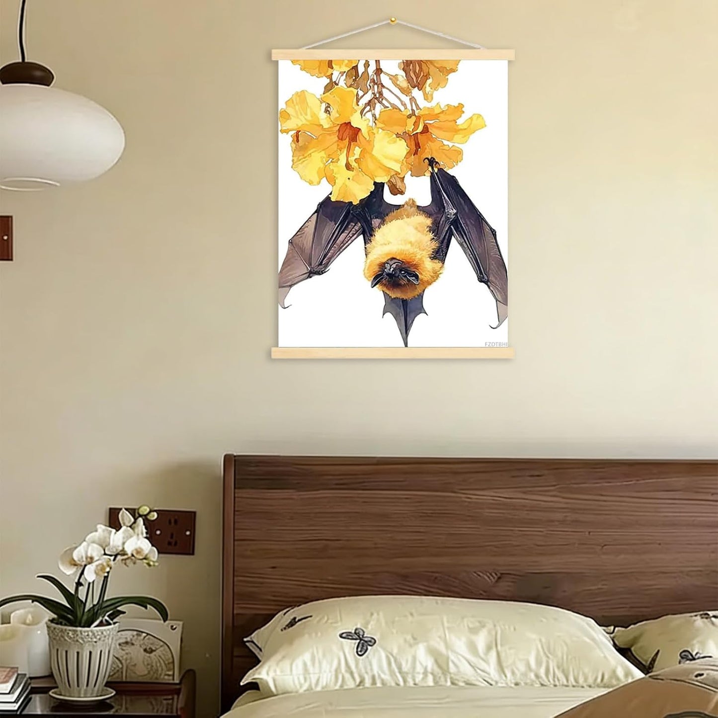 FZDTBHI Golden Crowned Flying Fox, Golden Capped Fruit Bat Watercolor Painting Print for Home, Room, Game room, Reading Room Wall Decor 12x16inch Canvas Print with Frame