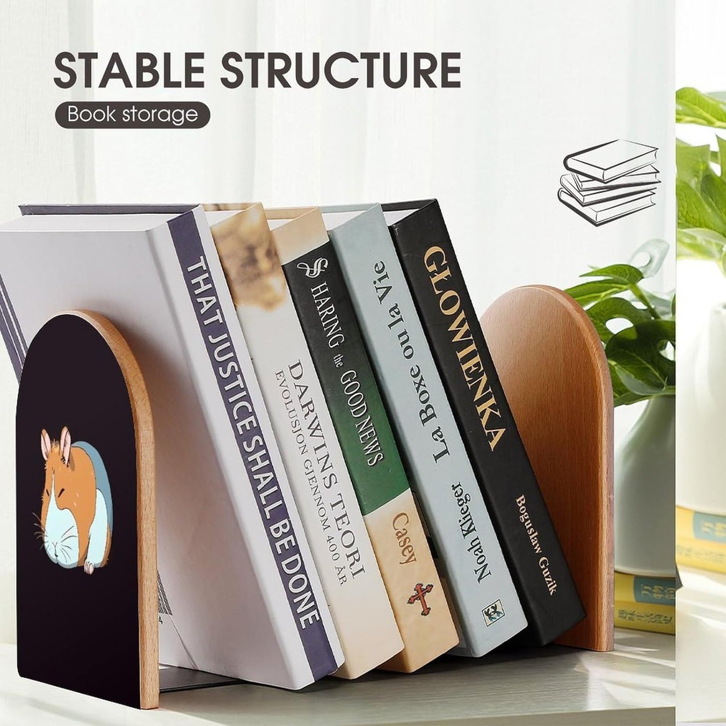 Smiling Wooden Bookend Non-Slip Book Ends Heavy Duty Book Stopper with Metal Base Books Holderd Decorative Bookends Stands Firmly for Office Supplies