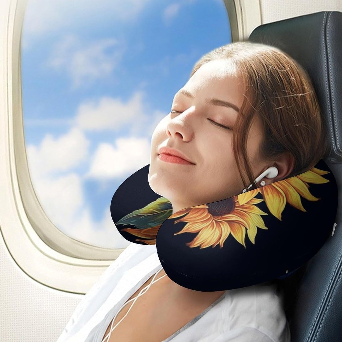 Summer Sunflower Neck Pillow Memory Foam U Shaped Pillows Portable Pillows for Shoulder Travel Head Support Pillow with Concealed Zipper for Airplane Car Home Office