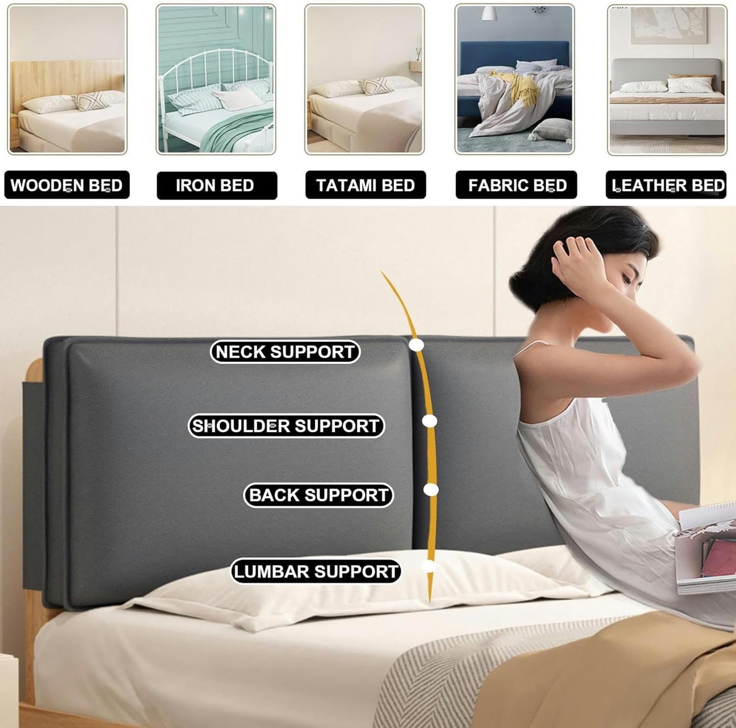 AMNOOL Large Bed Backboard Rectangle Reading Pillow Wall Mounted Headboard Upholstered Tatami Day Bed Backrest Wedge Bolster Neck Lumbar Support Cushion