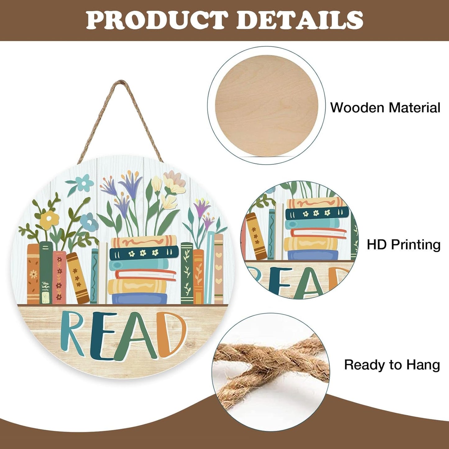 Reading Corner Read Books Floral Front Door Sign, Inspirational Library Wood Plaque Hanger School Classroom Study Decor, Wooden Wreath Wall Hanging Decoration Bookish Reader Book Lover Gift