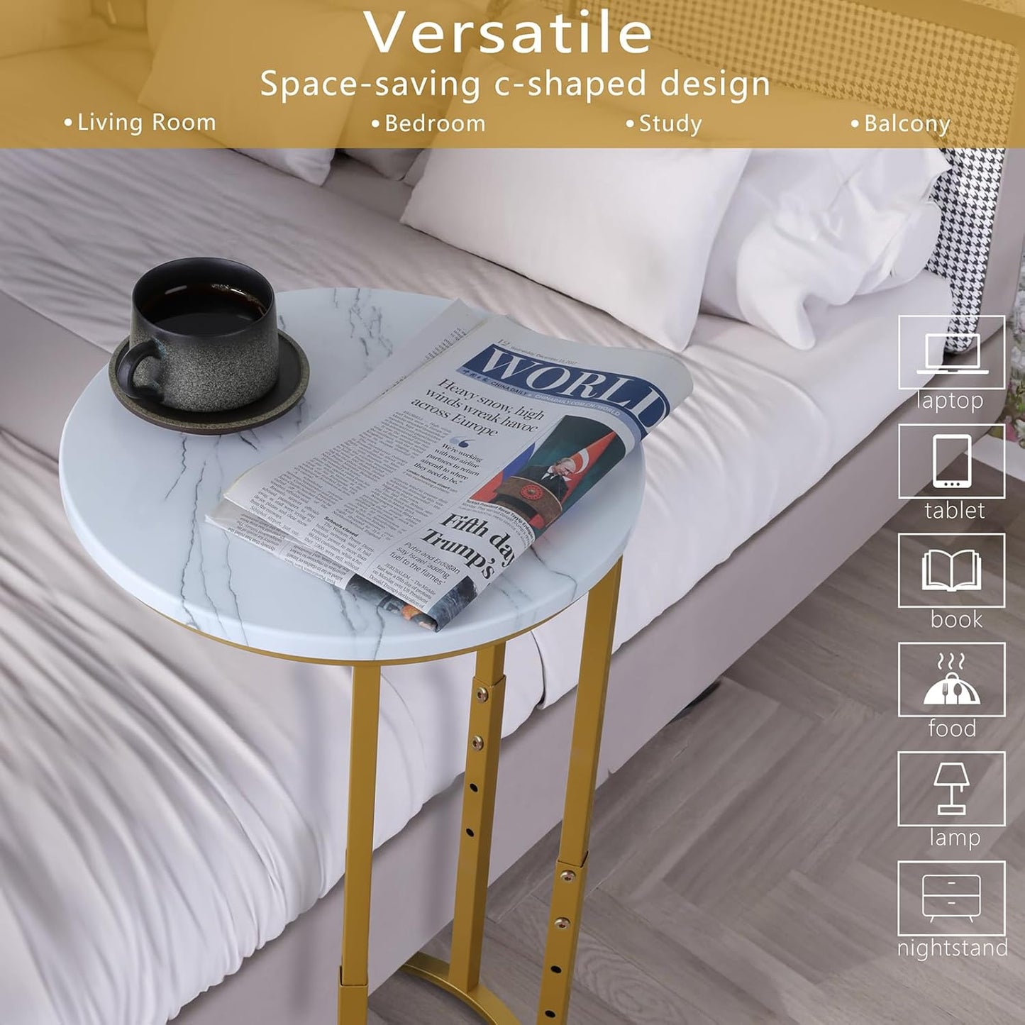 Serteaw C-Shaped End Table, Sturdy Side Table for Couch Sofa Bedside Small Space,C Snack Table TV Tray Record Player Stand Small Tables for Living Room Bedroom,Easy to Assemble,Gold