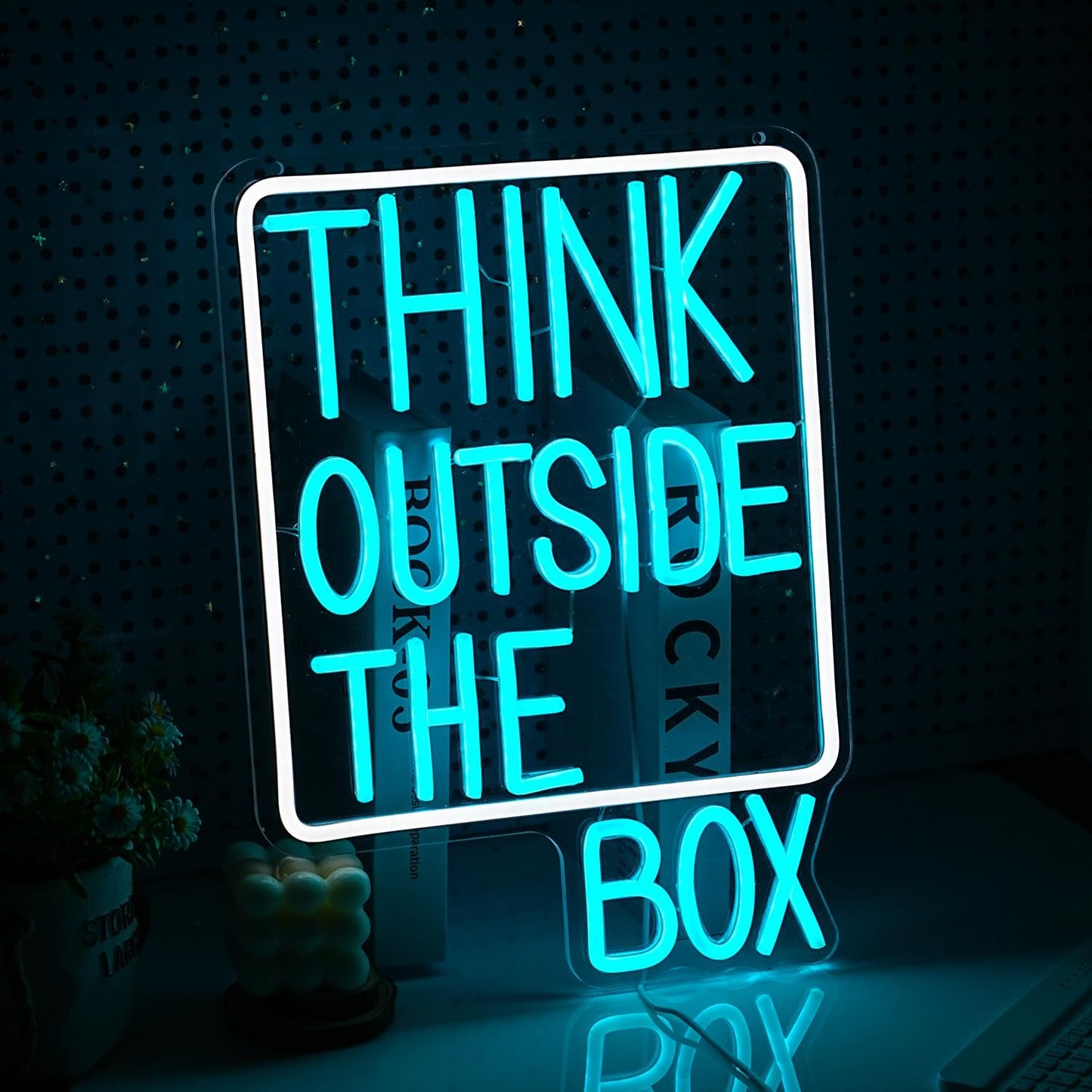 Think Outside The Box Neon Sign Dimmable USB Words Neon Light for Wall Decor Led Think Light Up Sign for Study Room Classroom Library Meeting Room Bedroom (Ice Blue White 16.1 * 11.8In)
